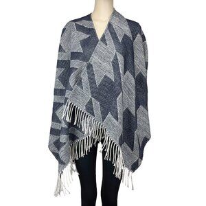 MAJE Boho Fringed Cape Western Poncho Stars Print Indigo Blue‎ White OS